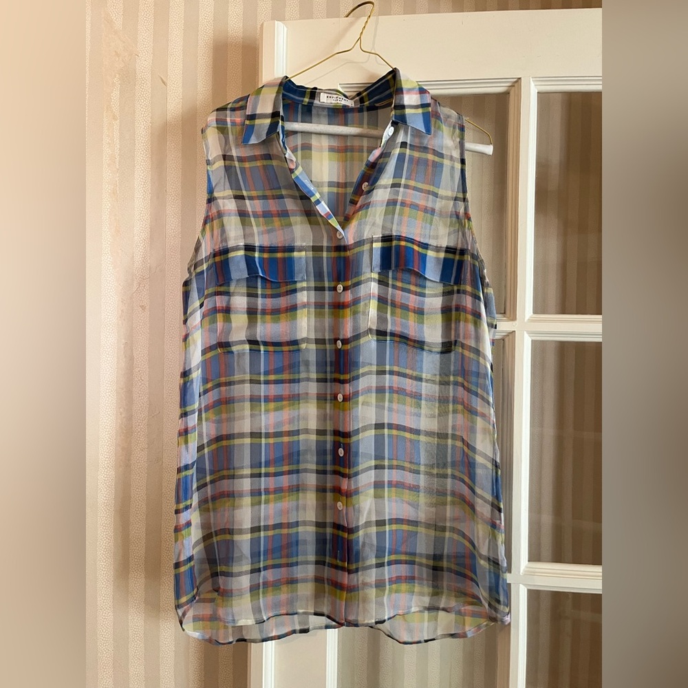 Equipment blue plaid sheer sleeveless blouse